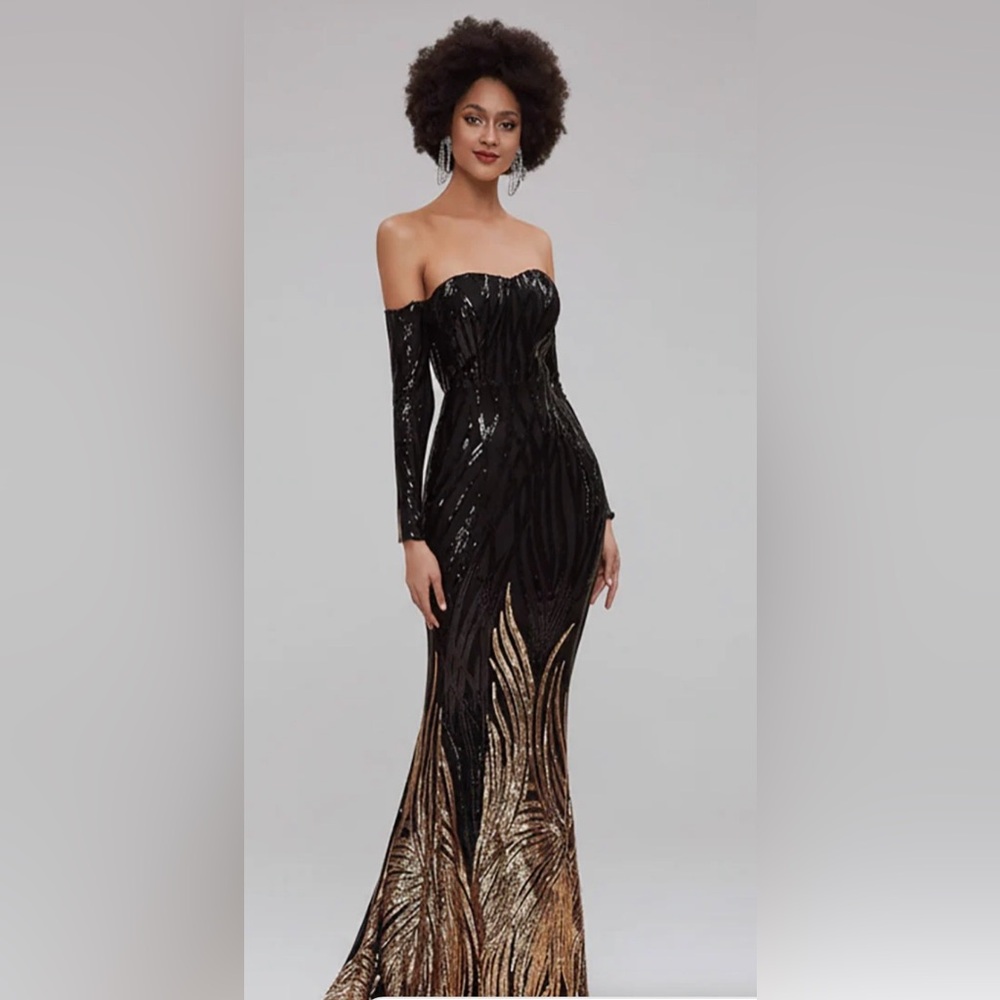 Strapless Off-Shoulder Mermaid Sequin Evening Gown - Black and Rose Gold